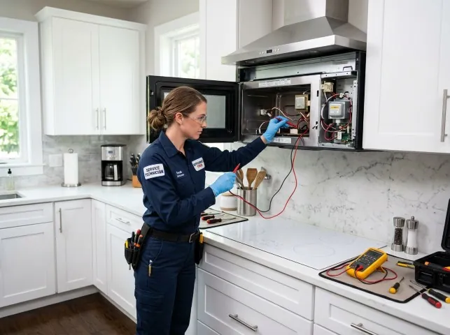 Appliance Repair Hero technician testing an over-the-range microwave in a Bloomfield Hills, MI kitchen